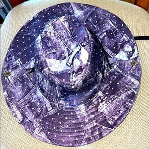 Cowgirl Hat Purple blue patchwork glittery sparkly Snap Side Drawstring EUC